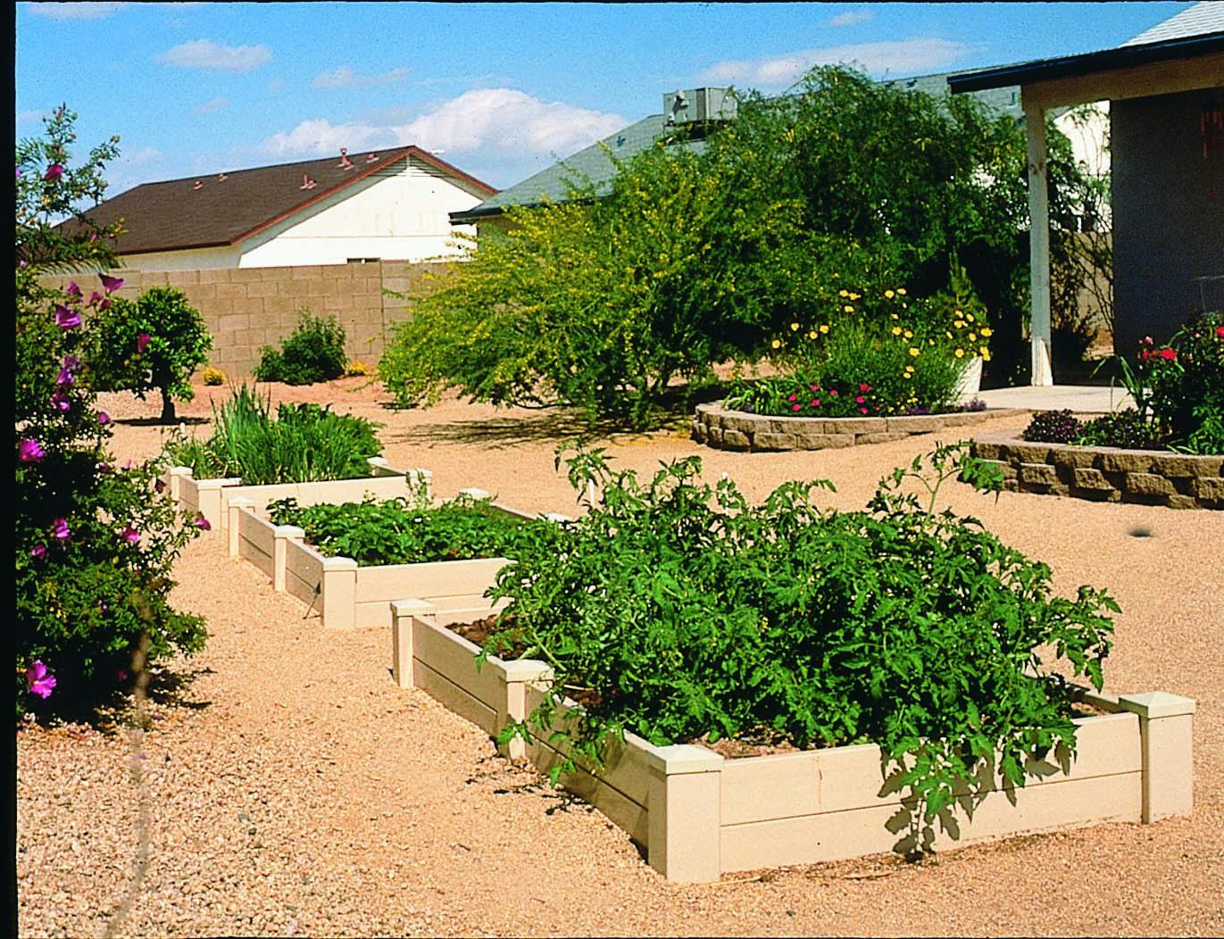 This raised bed planting area is an attractive, water-efficient way to grow vegetables. Like the rest of the yard, it is watered with a drip system.